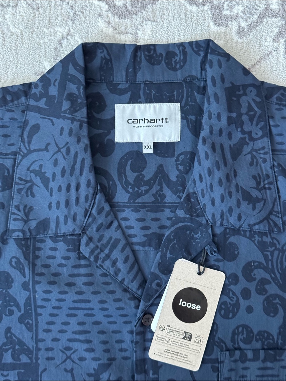 Carhartt Work In Progress Navy Blue Bandana Print Camp Collar Shirt Sleeve Shirt - Picture 4 of 8
